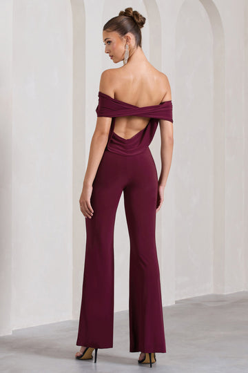 Gemma Burgundy Bardot Open-Back Flared-Leg Jumpsuit